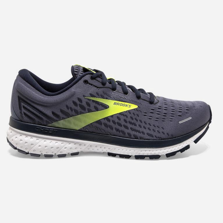 Brooks Men's Ghost 13 Road Running Shoes Singapore - Grey/Navy/Nightlife/GreenYellow (75438-RXFD)